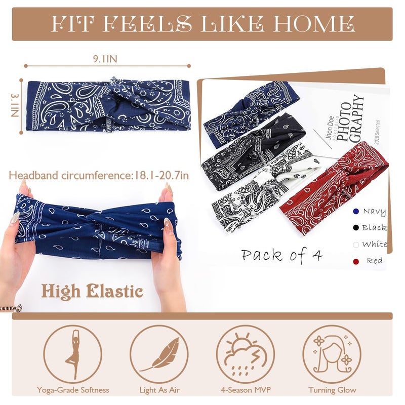 Urieo Bandana Headband Paisley Knotted Hair Bands Stretchy Head Turban Sport Yoga for Women - Image 3